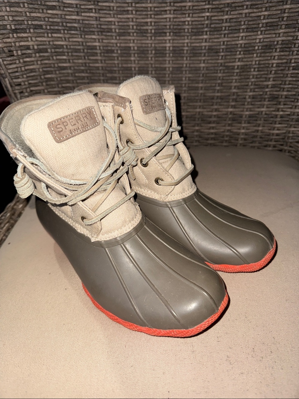 Sperry Saltwater Women's Olive Duck Boots with Coral Trim